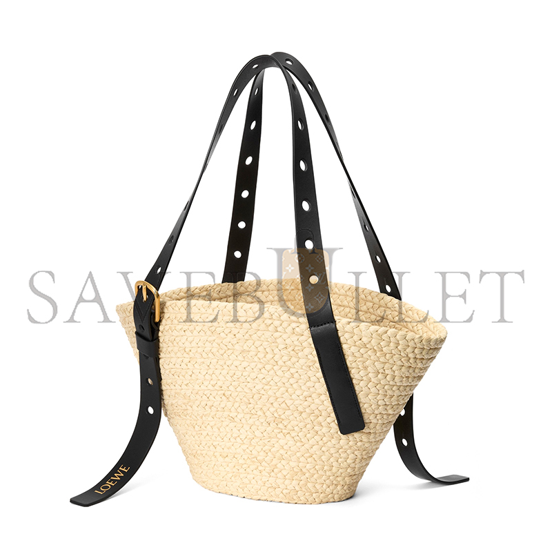 L0ew* SMALL PUNCH HOLE BASKET IN RAFFIA AND CALFSKIN A223BBPX01 (38*22*16cm)